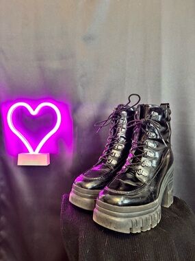 Call It Spring Black Chunky Lug Sole Boots platform faux leather tie up